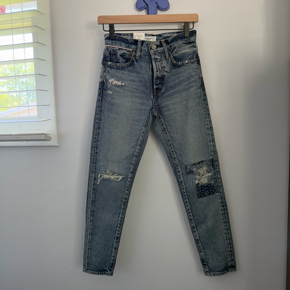Moussy 23 NEW Monroe Tapered Jeans Blue Distressed Patchwork Stone Medium Wash